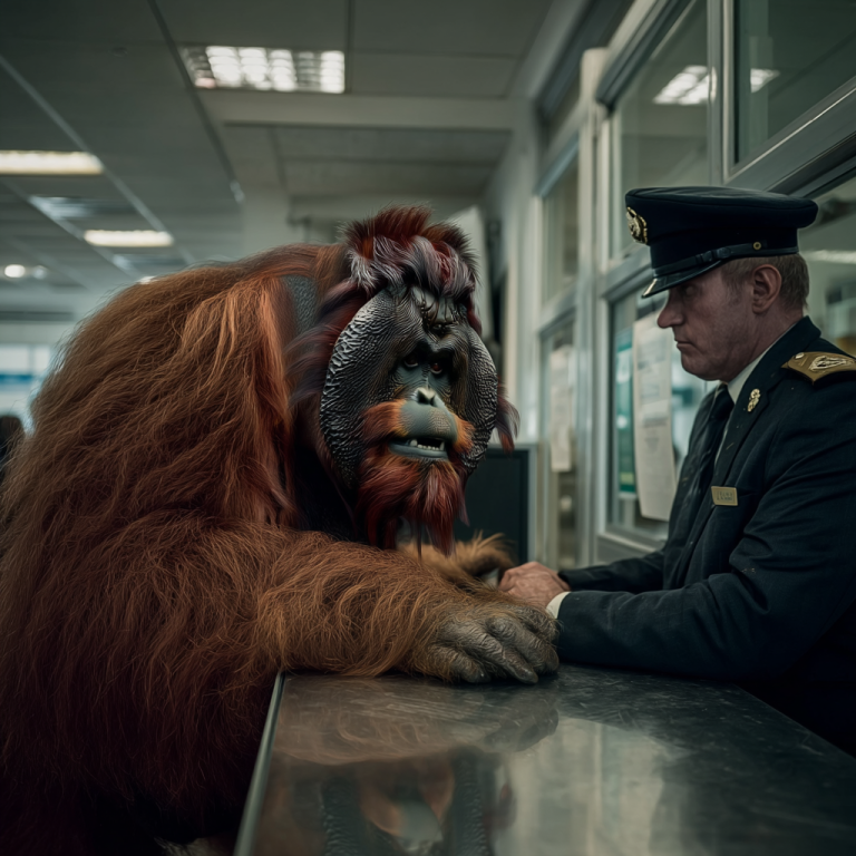 An orangutan leans across a checkpoint desk toward a uniformed officer, like a content marketing strategy that only works when you earn passage through