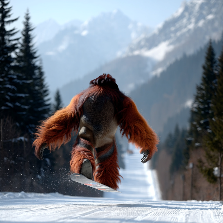 An orangutan catching air on a snowy mountain run, soaring forward like a vision statement that lifts a team above the day-to-day and points them toward the peak ahead.