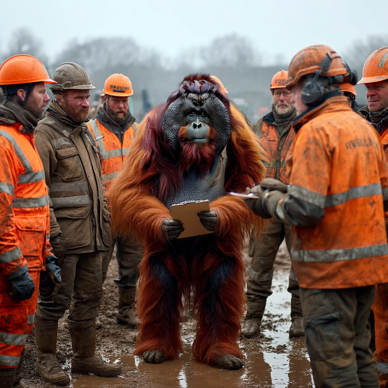 An orangutan stands in muddy boots holding a clipboard among construction workers in orange gear, echoing digital marketing trends where alignment, coordination, and clear direction keep everyone moving forward together.