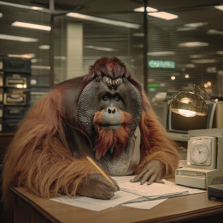 An orangutan sits at an office desk carefully writing on paperwork under a desk lamp, like keyword research methodically turning scattered ideas into a structured, ultimate guide for blog posts.