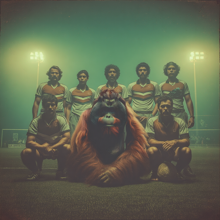 An orangutan posed with a soccer team under stadium lights, symbolizing employee engagement as the collective drive that makes every player part of the win.