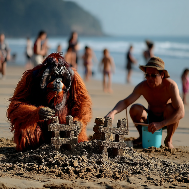 Orangutan builds sturdy sand hashtags on a busy beach as waves roll in, like choosing LinkedIn hashtags that hold their shape even when the algorithm tides shift.