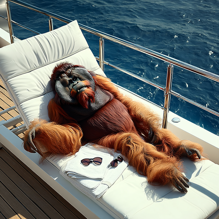 An orangutan reclines on a yacht sun lounger beside the open sea, like a content marketing strategy that works hardest upfront so it can later earn sustained attention and compound returns.