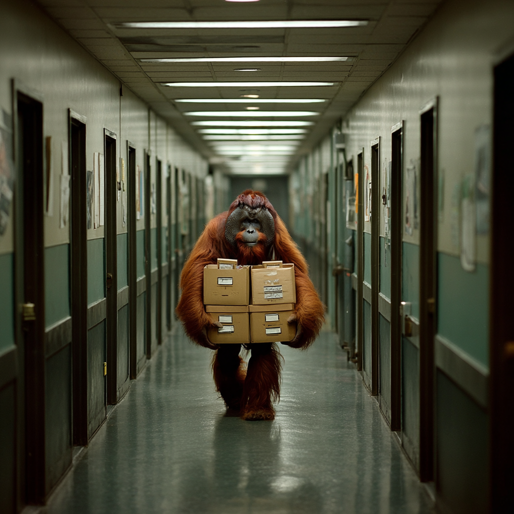 An orangutan carries stacked boxes down a long, sterile office hallway, embodying fear of failure as the heavy load we shoulder while walking forward