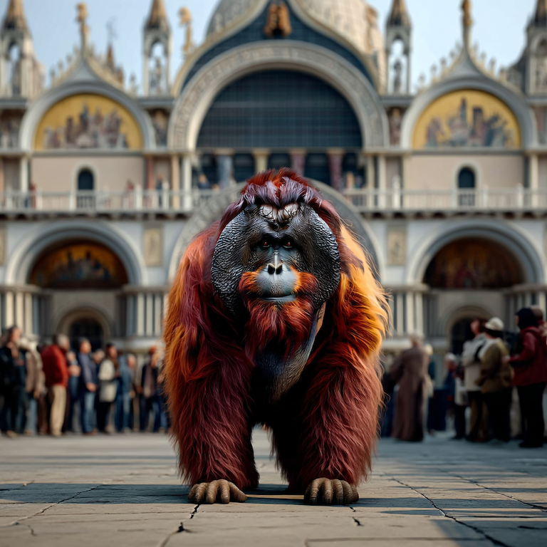 Orangutan stands firmly in a grand Venetian square before an ornate basilica, like asking “Is LinkedIn Premium worth it?” while deciding if the premium stage truly elevates your presence or just looks impressive from afar.