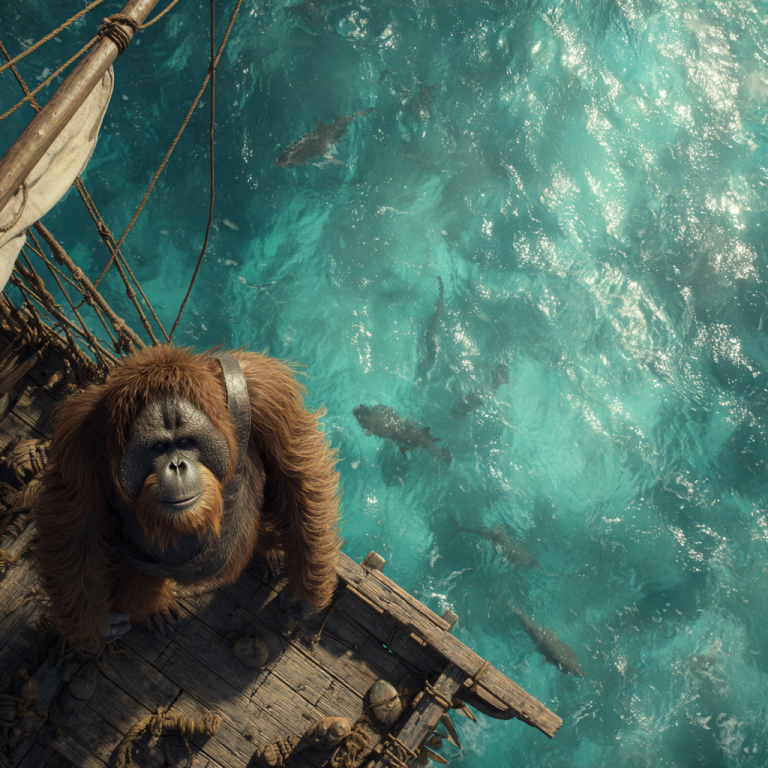 An orangutan stands on a pirate ship’s deck staring down at circling sharks, like an overdrawn director’s loan account attracting HMRC’s attention in dangerous waters.
