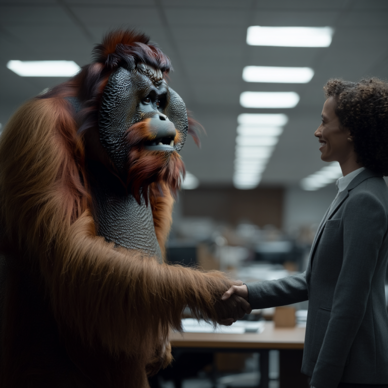 An orangutan shakes hands with a professional in an office, like a social media manager building trust and alignment between brands and audiences through clear, human connection.