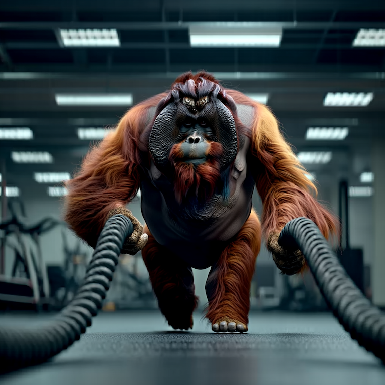 An orangutan leans into battle ropes in a stark gym, muscles straining forward, a vivid metaphor for grit—progress earned by pulling hard when resistance pushes back.