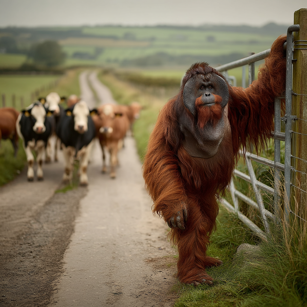 An orangutan walks ahead of a small herd on a country lane, glancing back like the best keyword generator for blog content—leading the way while keeping competing ideas in check.