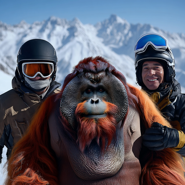 An orangutan posing between two bundled-up skiers on a bright alpine ridge, capturing how a shared vision statement unites a team around a clear summit.
