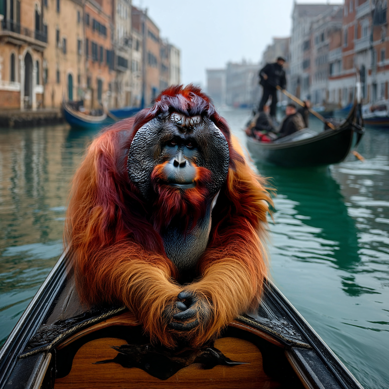 Orangutan sits pensively in a Venetian gondola drifting through quiet canals, like asking “Is LinkedIn Premium worth it?” while deciding if the upgrade will truly move you forward or just give you a smoother ride.