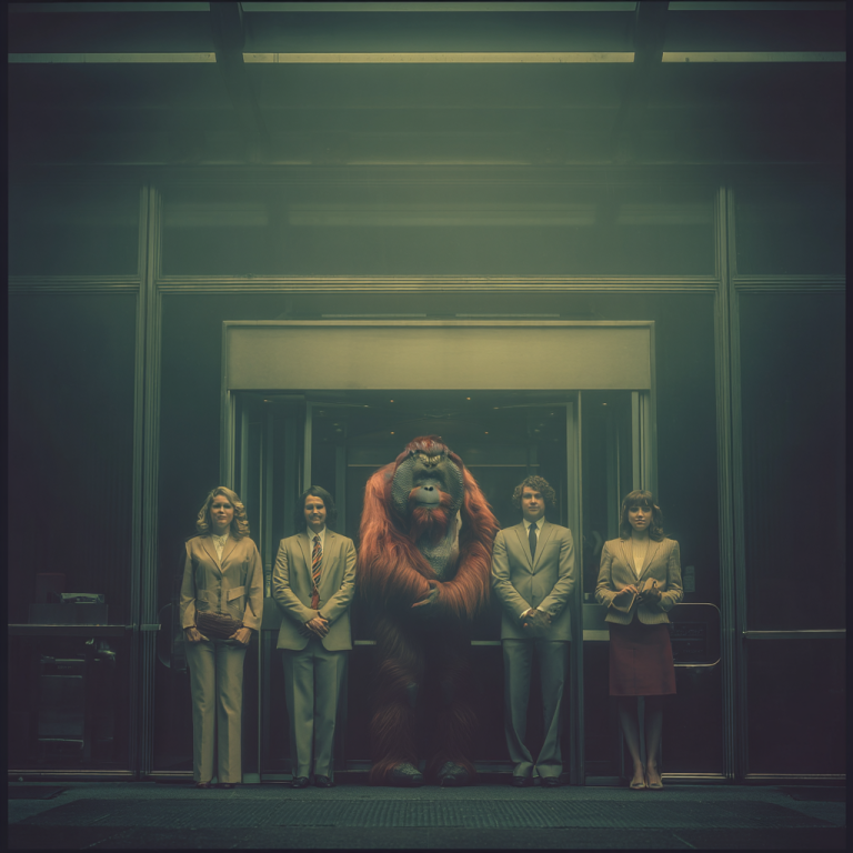 Jerry - Alt Image Text Lead said:  An orangutan standing tall among office professionals outside a corporate building, portraying employee engagement as the quiet confidence that strengthens every team.