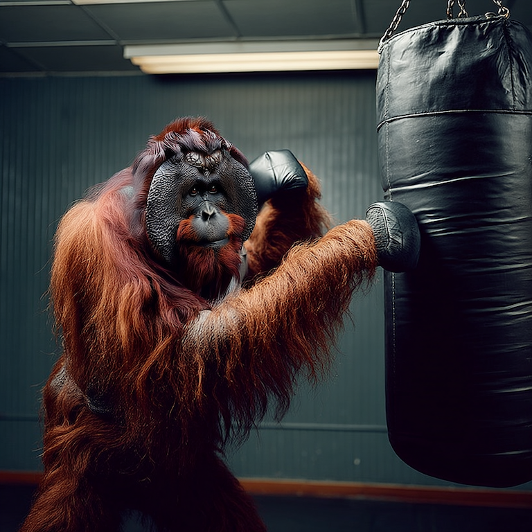 An orangutan in boxing gloves pounds a heavy bag in a dim gym, embodying grit as relentless effort—showing how steady, unglamorous work builds real strength.