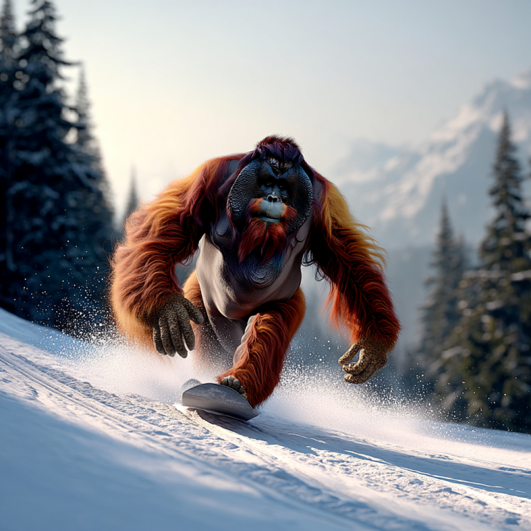 An orangutan carving down a snowy mountain on a snowboard like a focused trailblazer, embodying how a strong vision statement cuts a clear path through uncertainty.