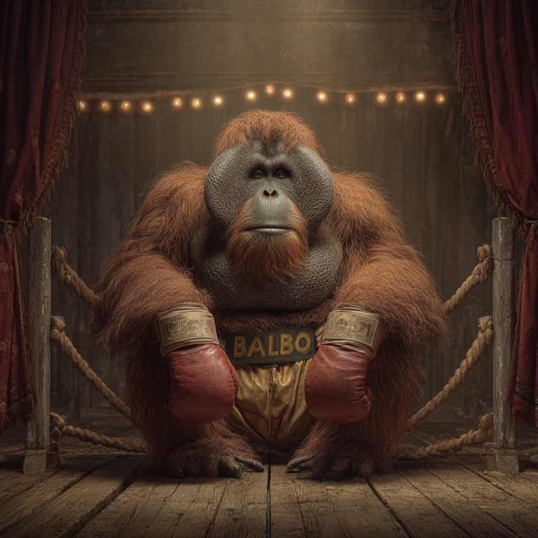 An orangutan in boxing gloves and trunks strikes a Rocky Balboa pose under the lights—showing how LinkedIn impressions, like spot-on impressions, pack power by being instantly recognizable.