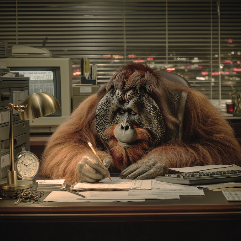 An orangutan hunched over a cluttered desk late at night, carefully analyzing notes and charts, like keyword research doing the deep, patient work behind an ultimate guide to blog posts before the insights are published.