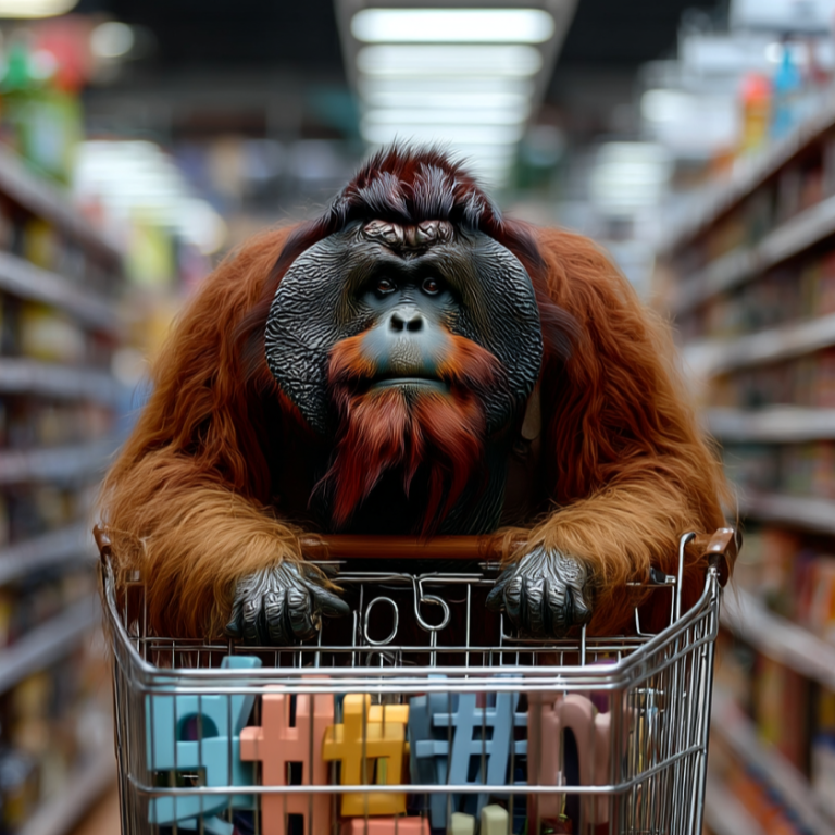 Orangutan leans over a grocery cart filled with colorful hashtag blocks in a supermarket aisle, like shopping smart for LinkedIn hashtags that actually convert instead of tossing random ones into your content cart.