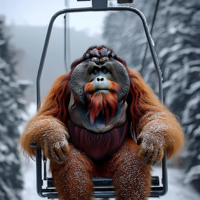 An orangutan rides a snowy ski lift through a winter forest, like SEO blog writing that quietly rises over time while others rush the climb.