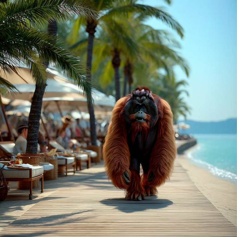 An orangutan strides confidently along a sunlit beach promenade past relaxed onlookers, like a content marketing strategy that shows up consistently in the right environment and becomes impossible to ignore.