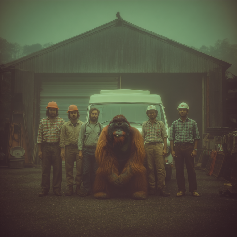 An orangutan crouched proudly among construction workers in hard hats, embodying employee engagement as every role adding strength to the team portrait.