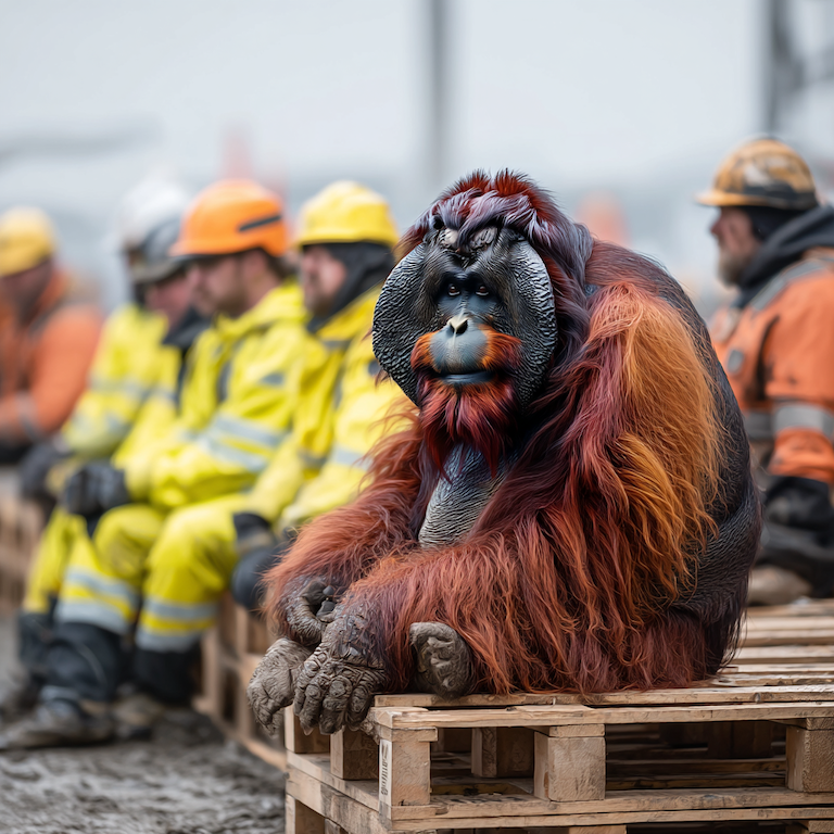 An orangutan sits quietly on stacked pallets beside a row of construction workers in safety gear, reflecting digital marketing trends as the patience to watch, listen, and learn before making the next smart move.