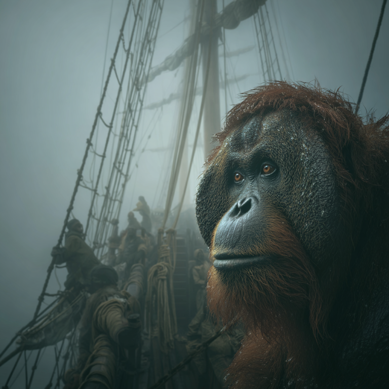 An orangutan pirate stares ahead from a fog-shrouded ship, like an overdrawn director’s loan account sailing blindly into murky financial waters.