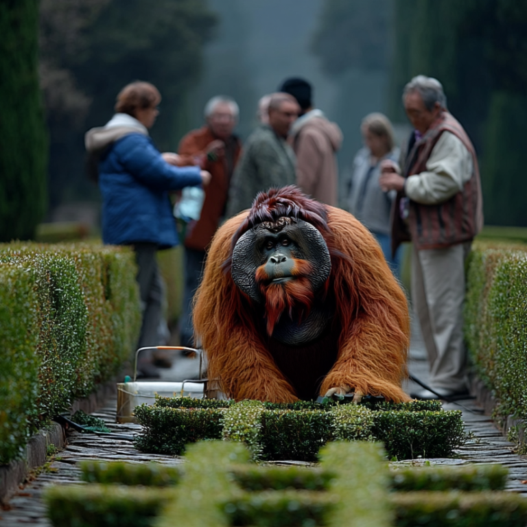 Orangutan kneels in a manicured garden trimming neat hedges as visitors chat behind, like pruning LinkedIn hashtags to shape a profile that looks intentional, not overgrown.