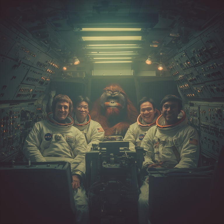 An orangutan seated with astronauts inside a spacecraft, highlighting employee engagement as the shared mission that makes even space feel like teamwork.