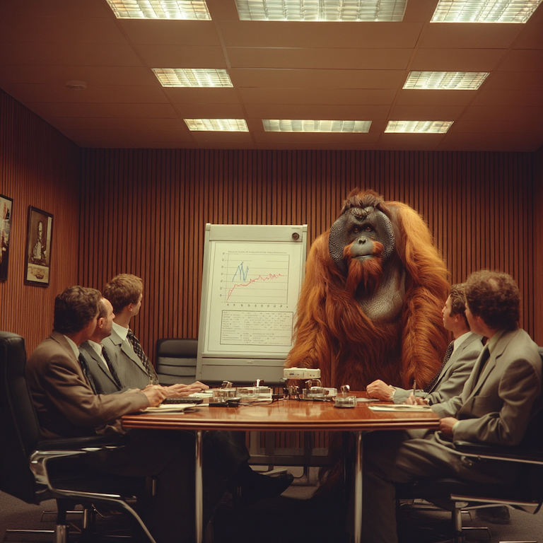 An orangutan leads a boardroom presentation with an upward chart, like keyword research guiding blog posts by showing exactly where growth opportunities lie and which terms deserve the spotlight