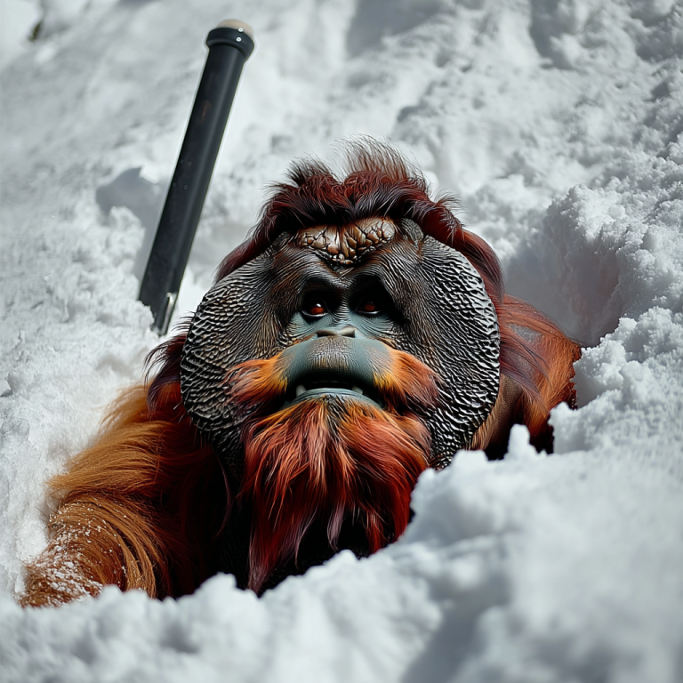 An orangutan half-buried in deep snow with a ski pole jutting up behind him, embodying how a vision statement helps you lift your head and find direction even when you’re stuck in the drift.