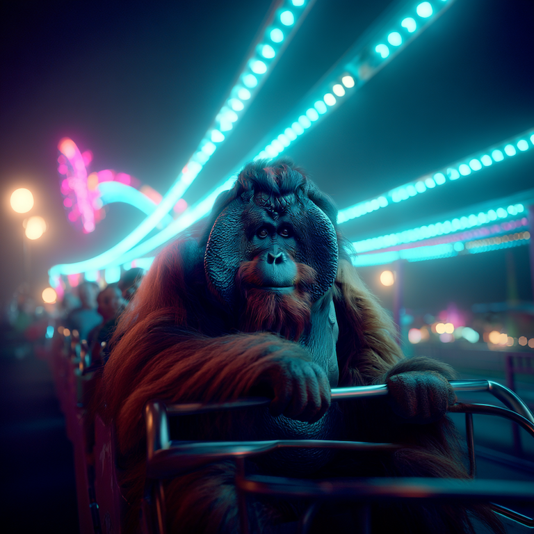 An orangutan on a fairground ride at night, calm amid flashing lights and chaos — a reminder that the right LinkedIn post format brings clarity in noisy spaces.