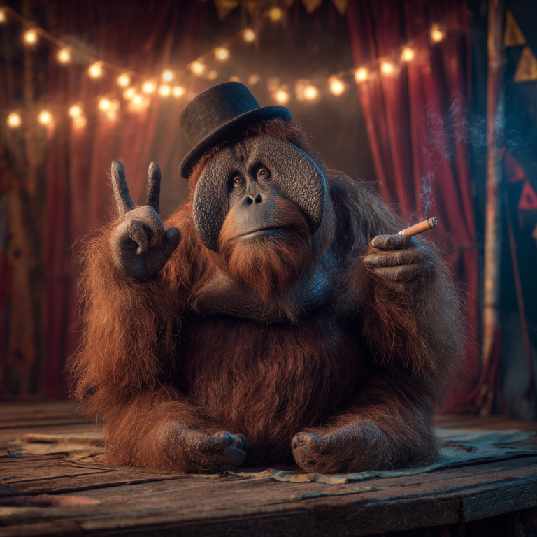 An orangutan in a bowler hat flashes a V-sign with a cigar in hand, channeling Winston Churchill—reminding us that LinkedIn impressions, like great impressions, win attention through iconic gestures.