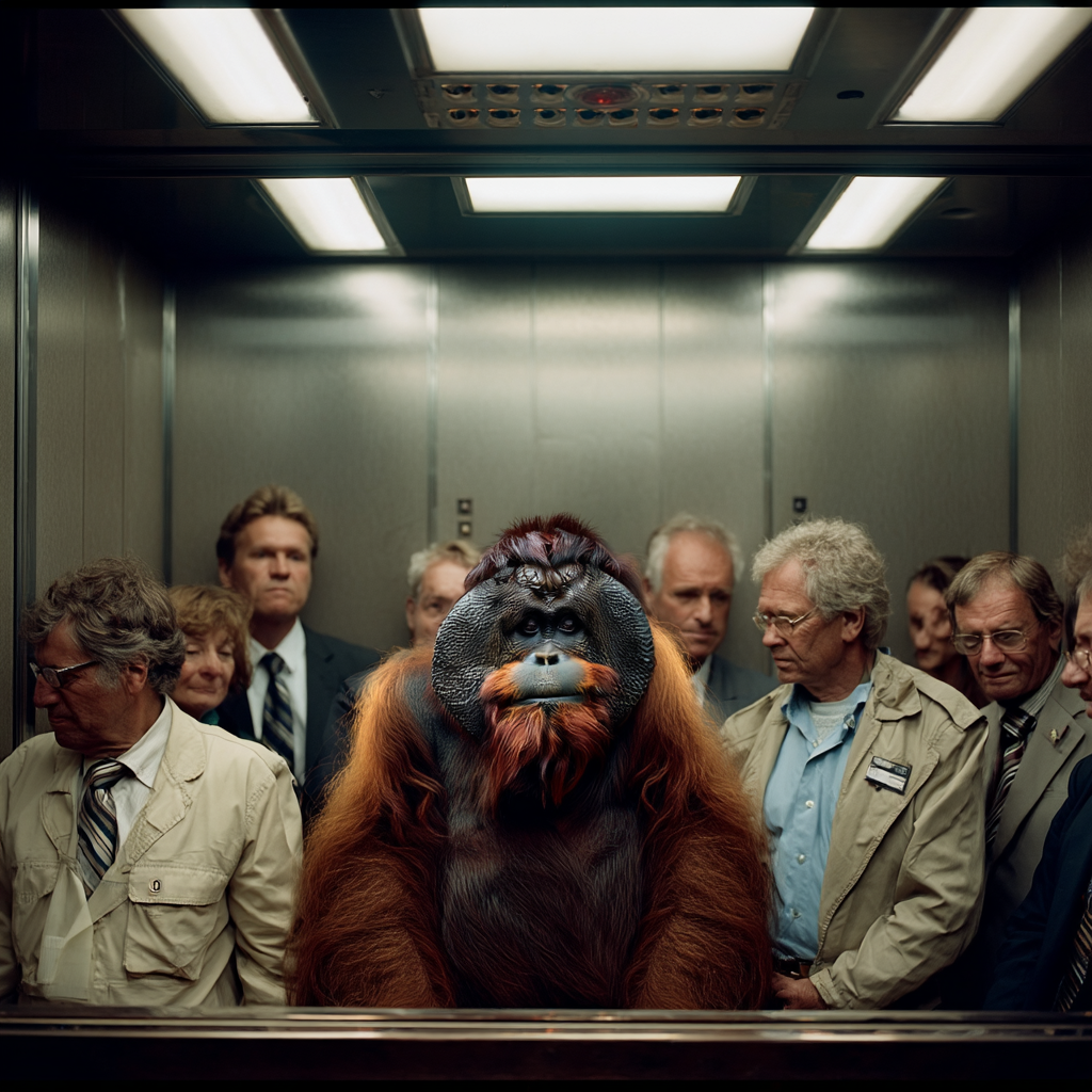 An orangutan stands steady in a crowded office elevator, like keyword research anchoring blog posts by staying focused on intent while everyone else feels pressed for space and direction