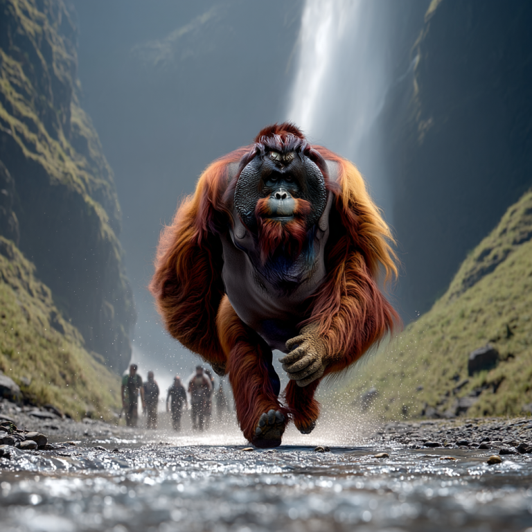 A powerful orangutan strides through a rushing stream ahead of a team, illustrating the benefits of SWOT analysis by confronting obstacles first and clearing a confident path for others to follow.
