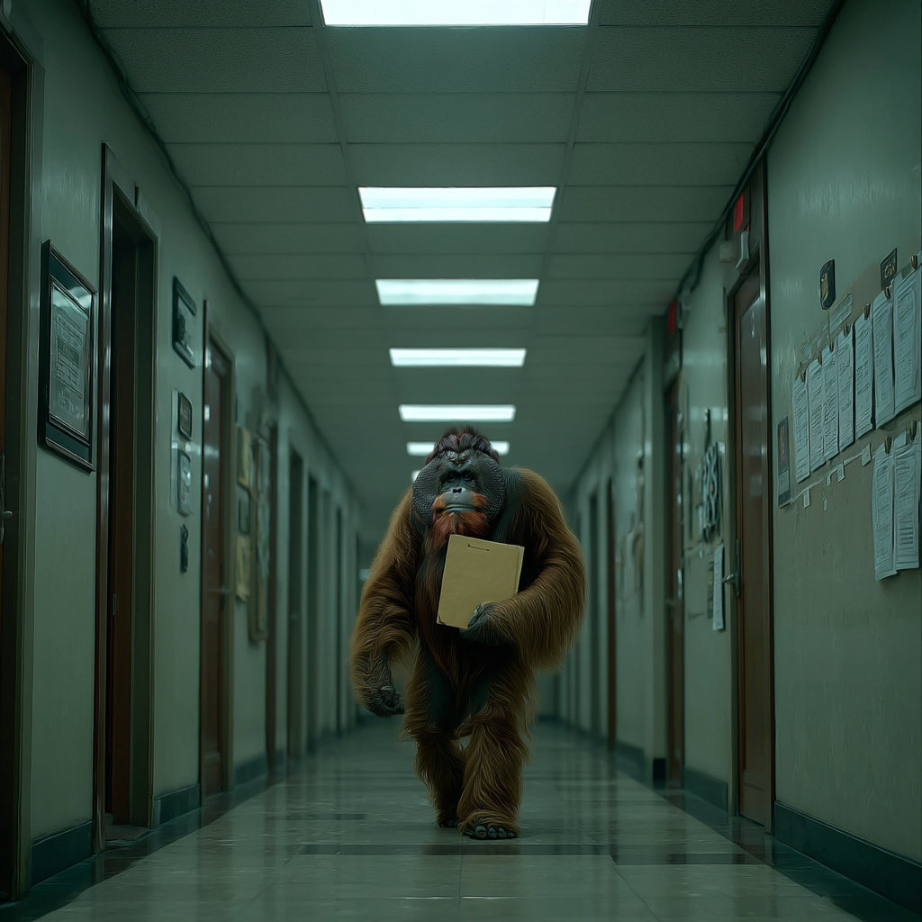 An orangutan walking down a quiet office hallway clutching a folder, like a bookkeeper carrying responsibility end to end to keep everything accounted for.