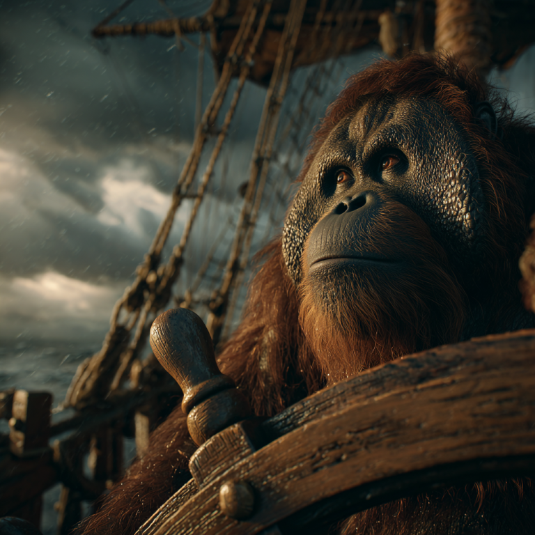 An orangutan steering a pirate ship through stormy seas, like an overdrawn director’s loan account drifting off course without a clear way back to shore.