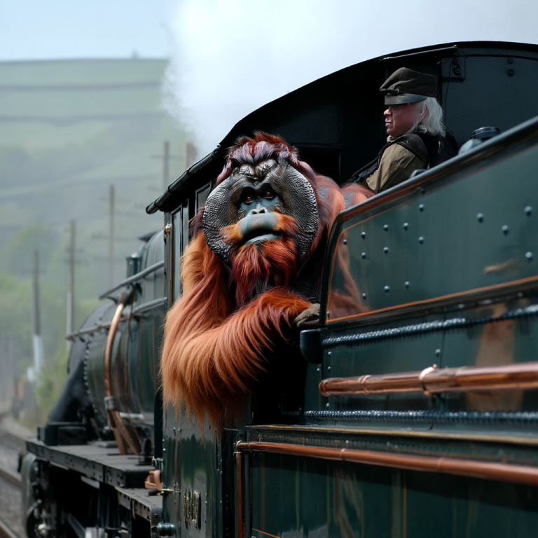 An orangutan leaning from a steam locomotive’s cab, illustrating how backlinks drive momentum and steer traffic toward new digital destinations.