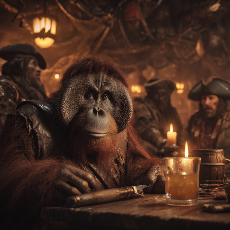 An orangutan pirate sits at a tavern table with rum and a spyglass, like an overdrawn director’s loan account indulging now but facing the bill later.