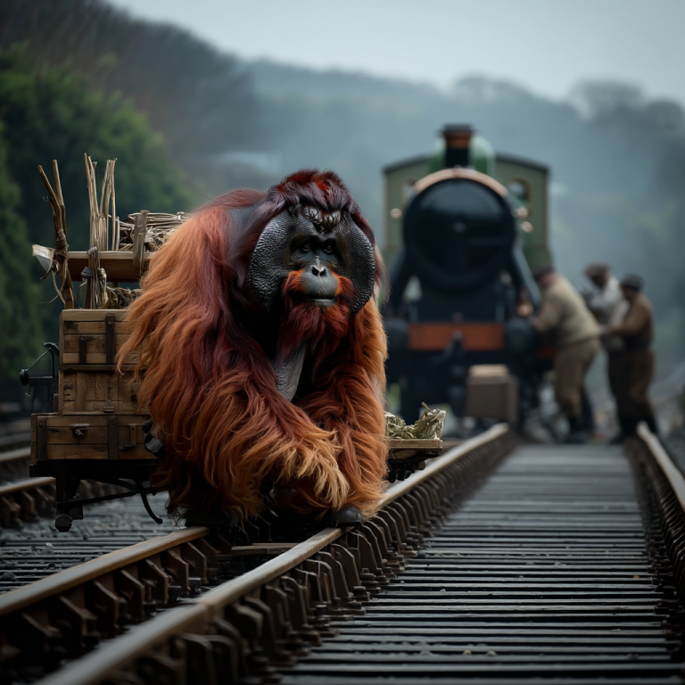 An orangutan hauling supplies along the railway, symbolizing how backlinks carry the weight of credibility that keeps digital engines running strong.