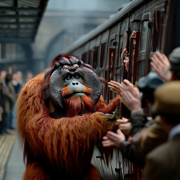 An orangutan reaching out to passengers at a busy train platform, symbolizing how backlinks build genuine connections that keep networks thriving and engaged.