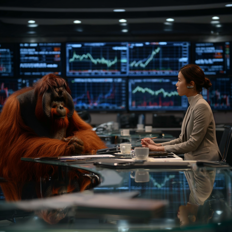 An orangutan leans thoughtfully over a glass table in a data-packed trading room beside a poised analyst, reflecting how b2b content marketing turns complex signals into steady, trust-building clarity.