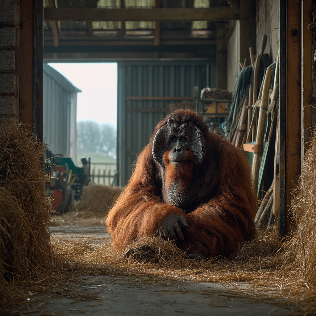 An orangutan sits calmly in a hay-filled barn, surveying tools and open space like the best keyword generator for blog content—quietly uncovering the right ideas before the real work begins.