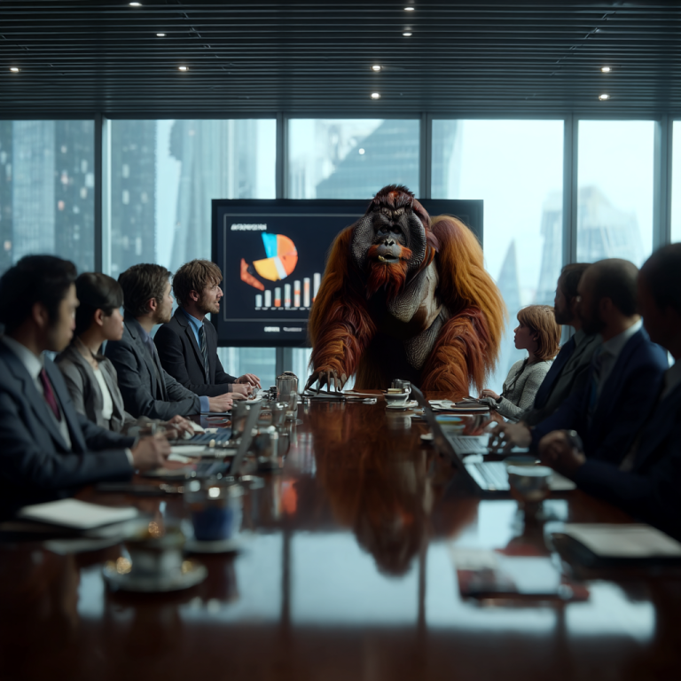 An imposing orangutan looms over a polished boardroom table as executives look on, embodying how b2b content marketing thrives when a bold, singular story commands the room.