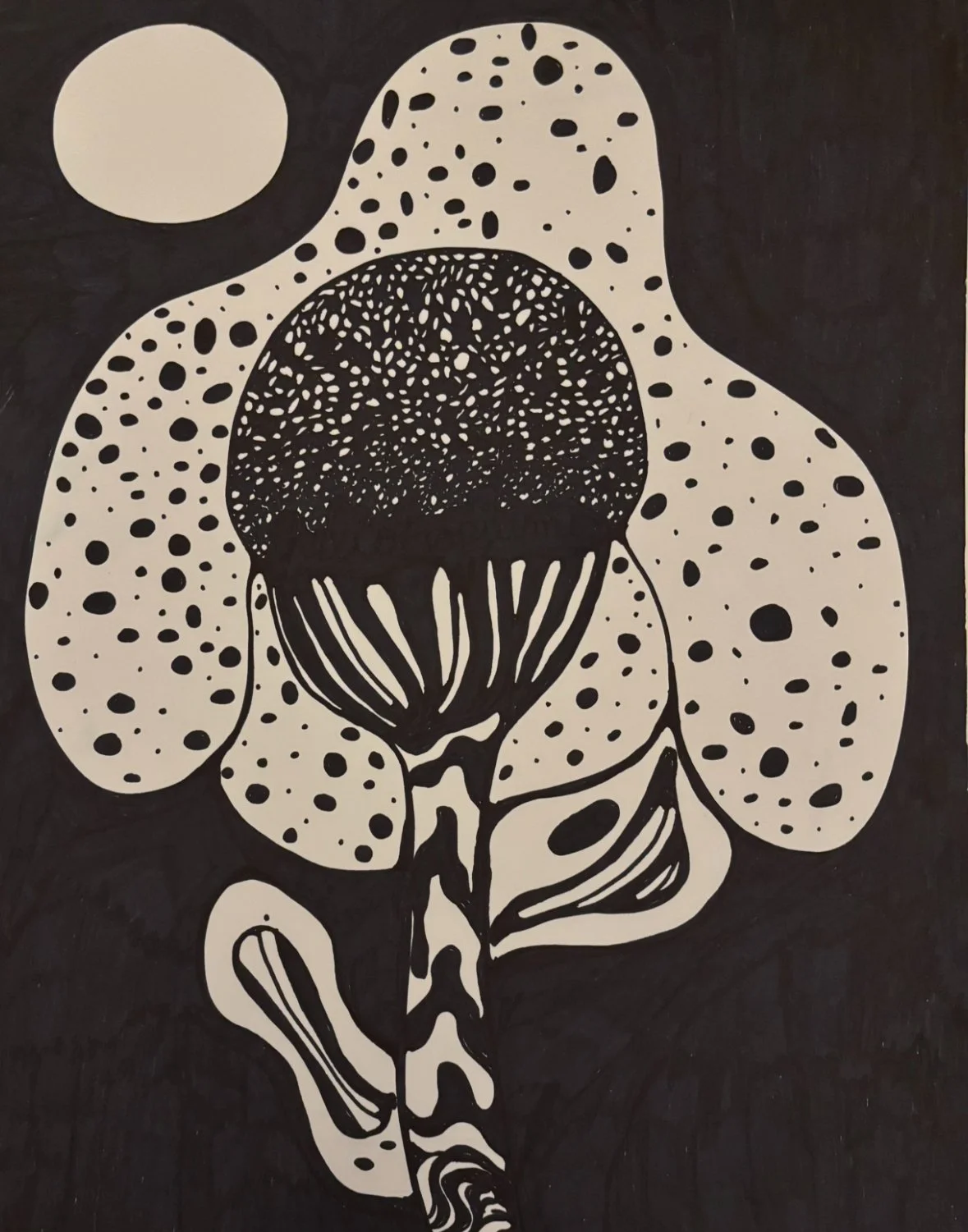 black and white drawing of a close up magical flower with the galaxy in their petals and a wavy striped stalk blooming underneath the full moonlight