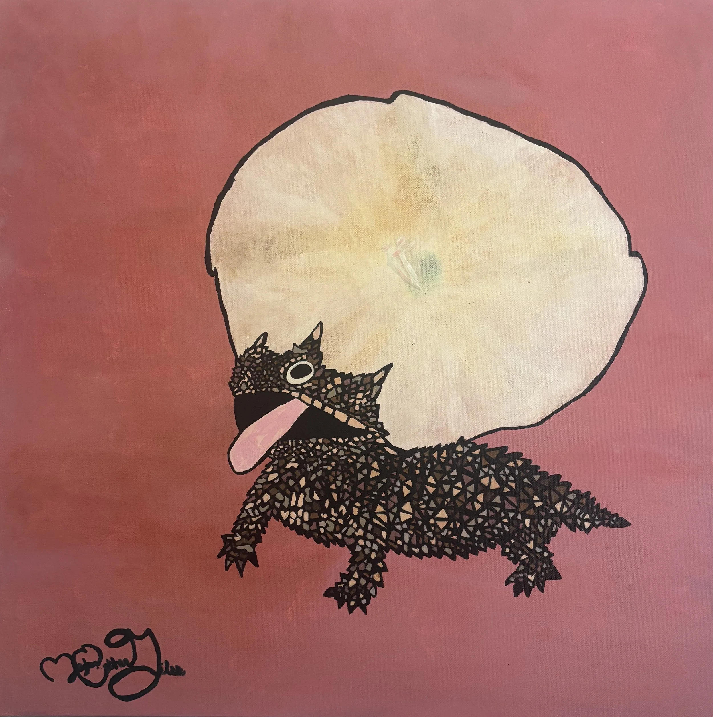 a reddish adobe like background with a large moonflower bloom as a kind of full moon in the center with a horned lizard in front of the bloom with their tongue out
