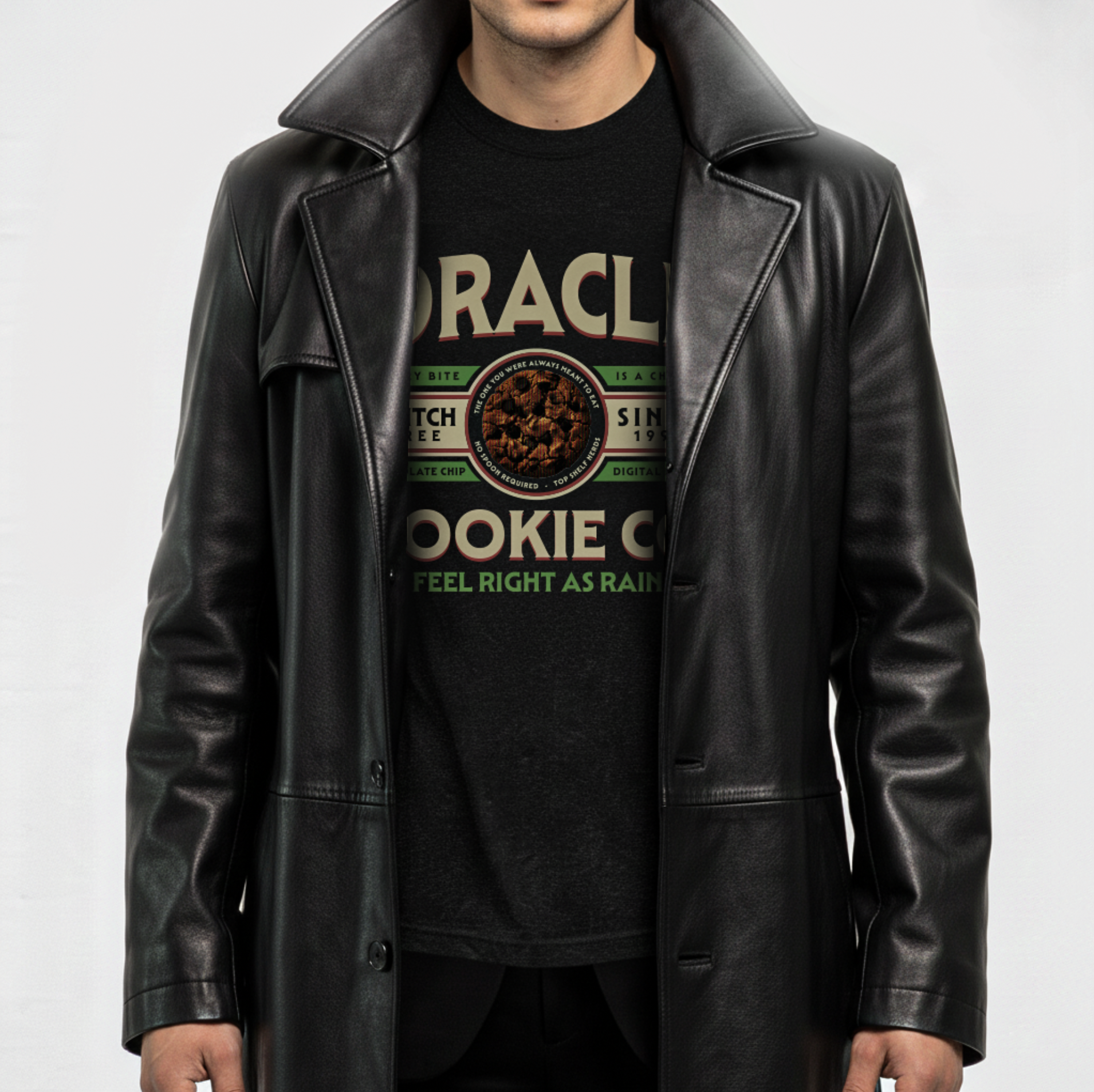 Oracle cookie company on person with leather jacket