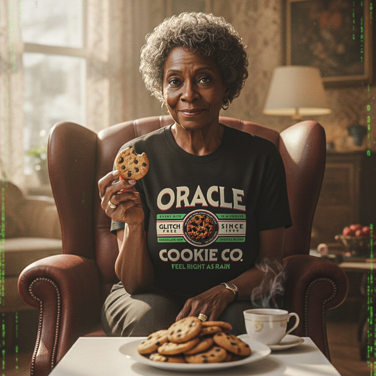 Oracle cookie company shirt on an older lady