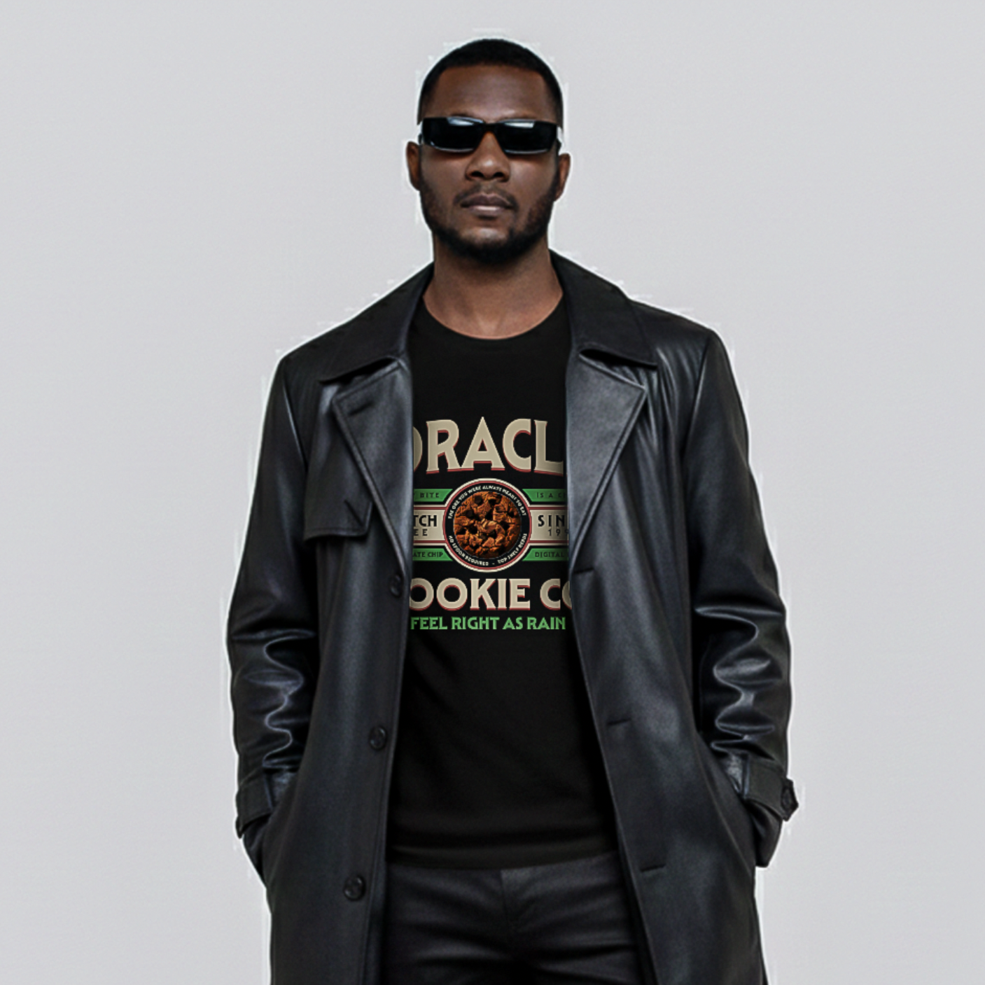Oracle shirt on male with sunglasses and a long leather jacket
