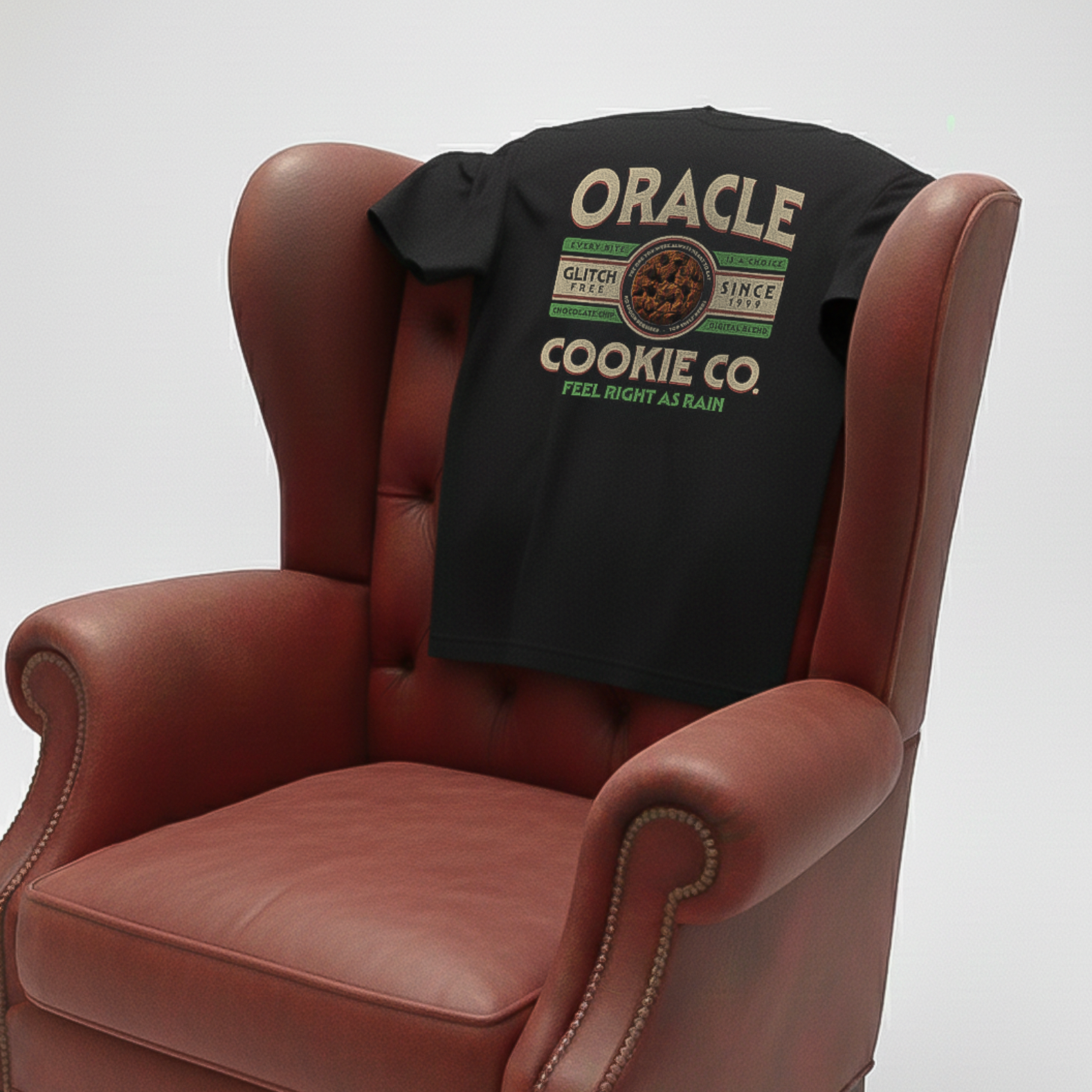 Oracle cookie company shirt on matrix style chair in a white room