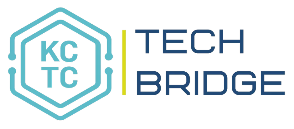 Logo with hexagon design containing 'KC' at the top and 'TC' at the bottom, next to the words 'Tech Bridge' in blue text.